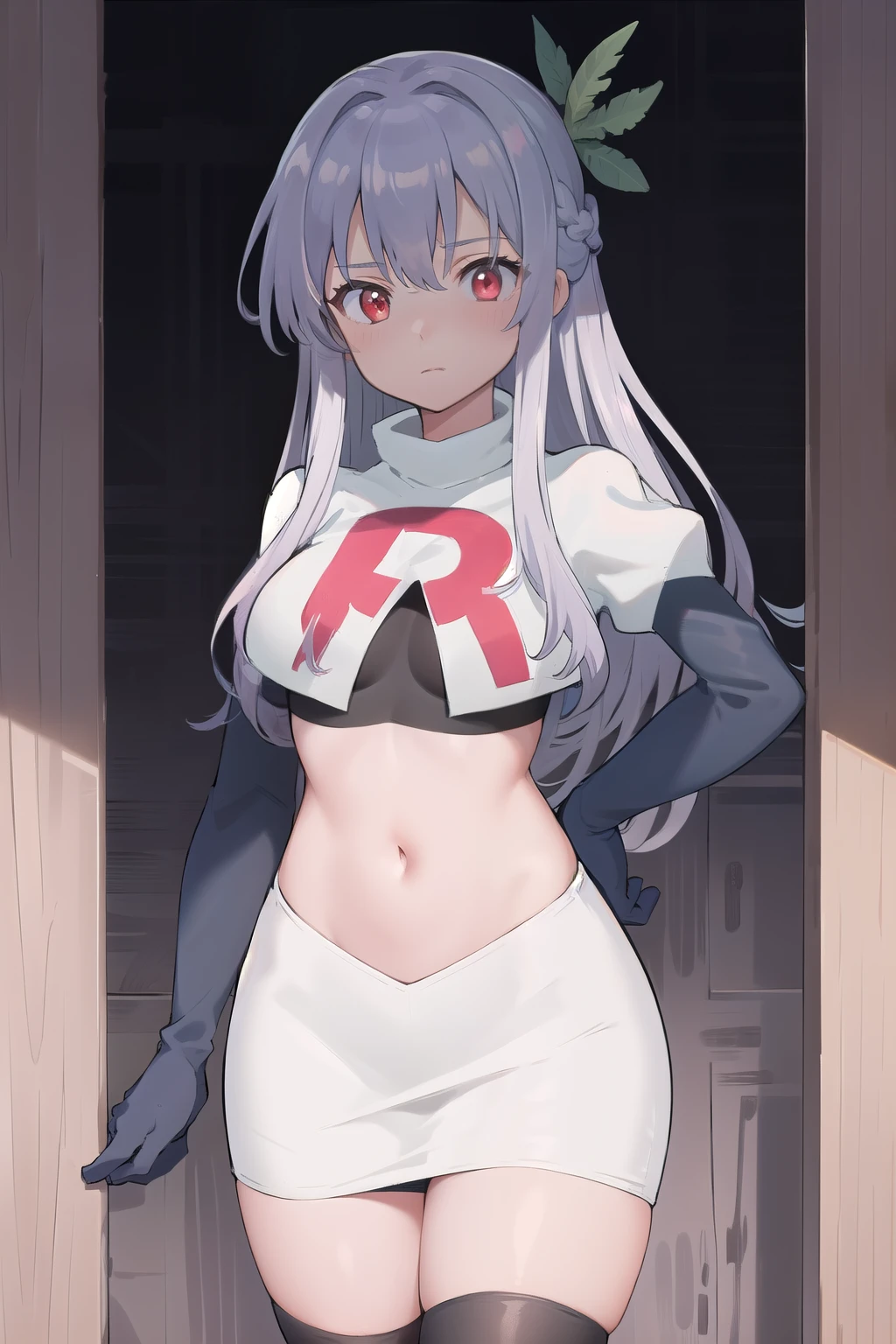 best quality, (masterpiece:1.2), illustration, absurdres,
(1girl, solo), (beautiful detailed girl),
Aeolia, lilac hair, long hair, red eyes, medium breasts,
green hat, hat with feather ornament, team rocket,team rocket uniform,white skirt,red letter R,crop top,black thigh-highs,black elbow gloves
looking at viewer,