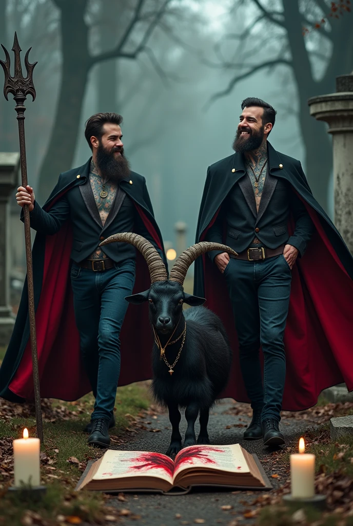 2 Handsome Men with Beards, tattooed. black and red cape, walking stick, trident, cemetery, lit candles, fire, black magic book, levitating, black goat, black and gold hat galley , blood, jovial laughter, old hat, officer