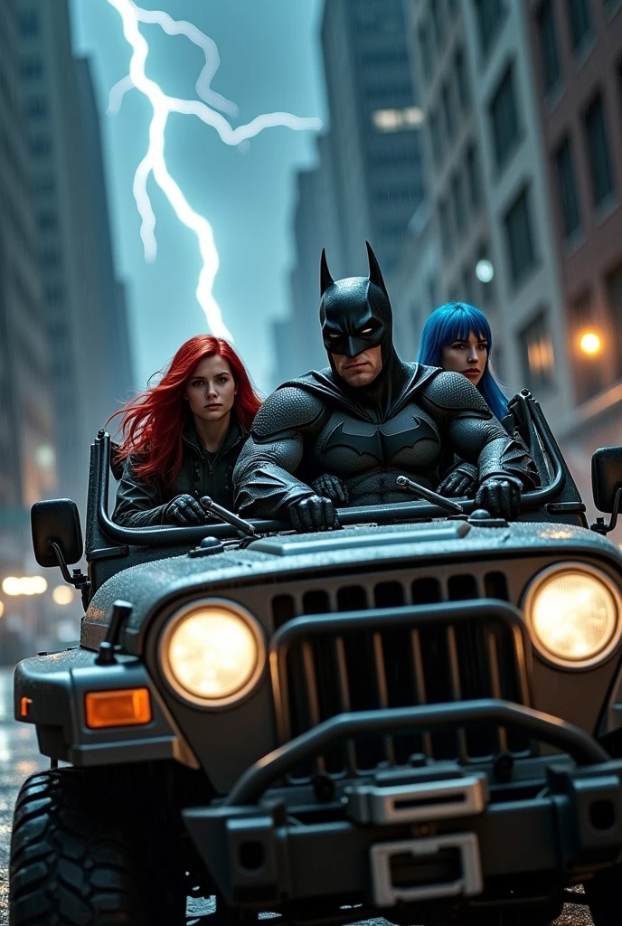 Batman in jeep with women