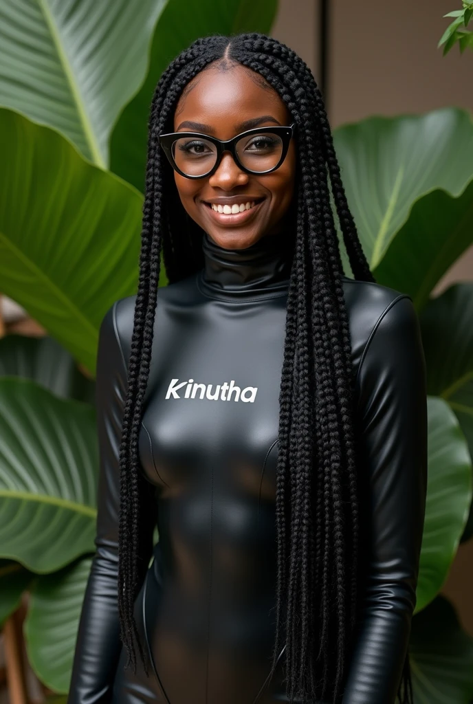 (photorealism:1.2), beautiful black African woman,22 years,sharp boobs, wearing fitting latex suit written "Kinuthia",smiling,long braids, black oversized glasses, standing , plants in background