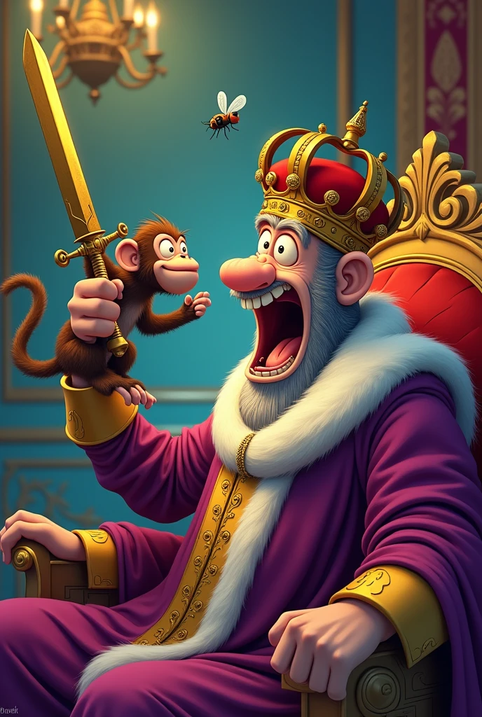 Accidental Injury: The moment when the monkey swings the sword down at the fly on the king’s nose. The fly has just flown away, and the sword is about to make contact with the king’s nose, capturing the tension and impending accident.