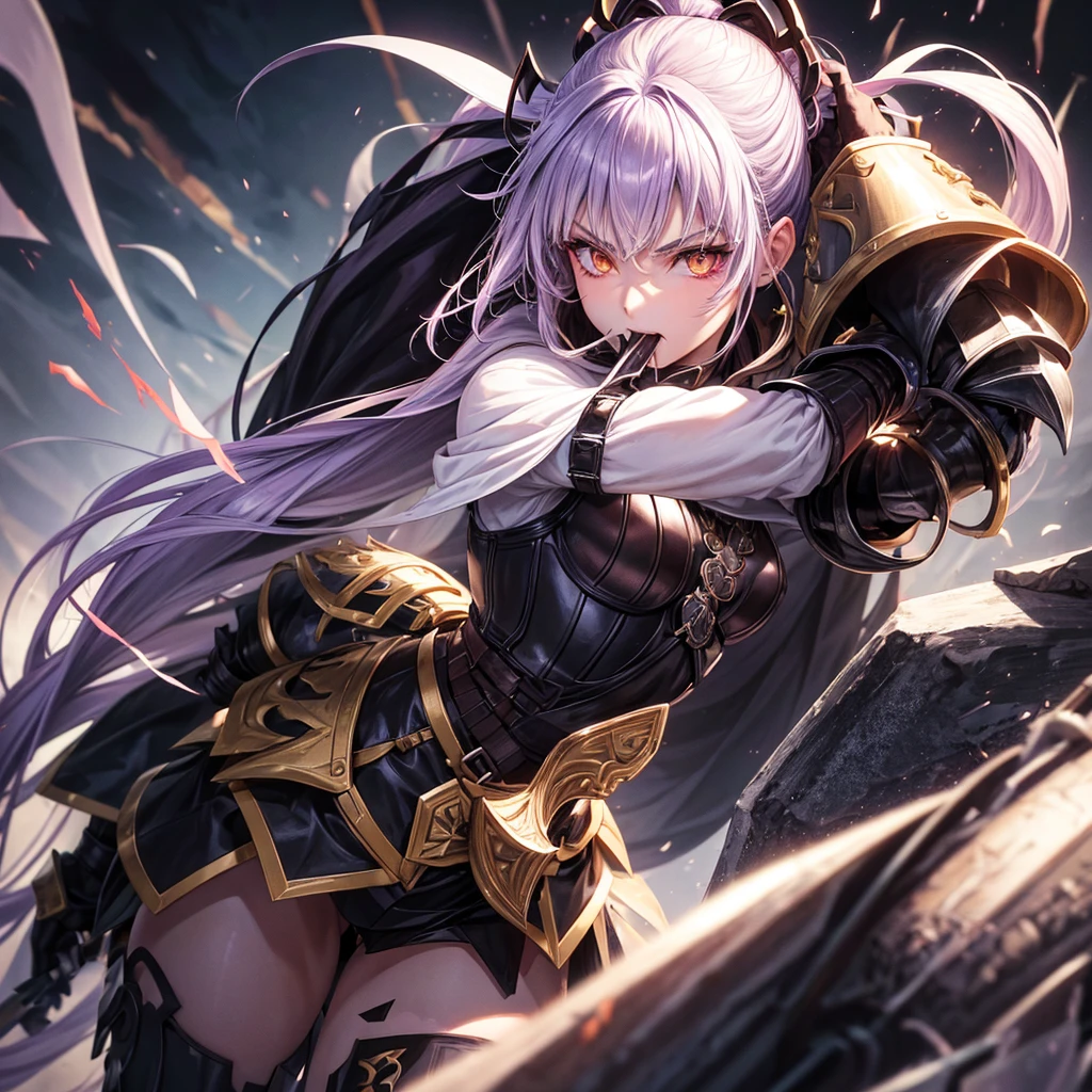 Female character, a warrior guardian with two light violet ponytails with black armor with a black metal mouth cover, part of the armor with golden eyes so that her mouth cannot be seen and that she is an adult.