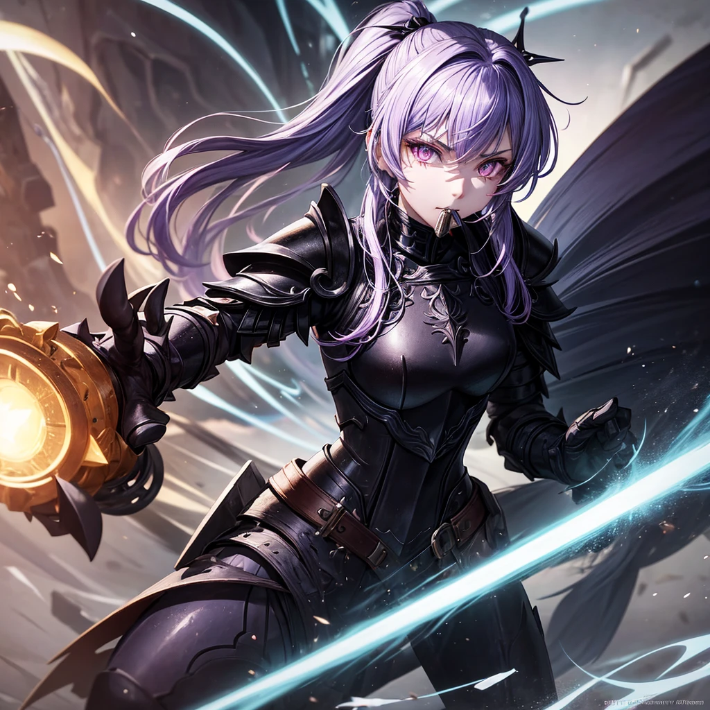 Female character, a warrior guardian with two light violet ponytails with black armor with a black metal mouth cover, part of the armor with golden eyes so that her mouth cannot be seen and that she is an adult.