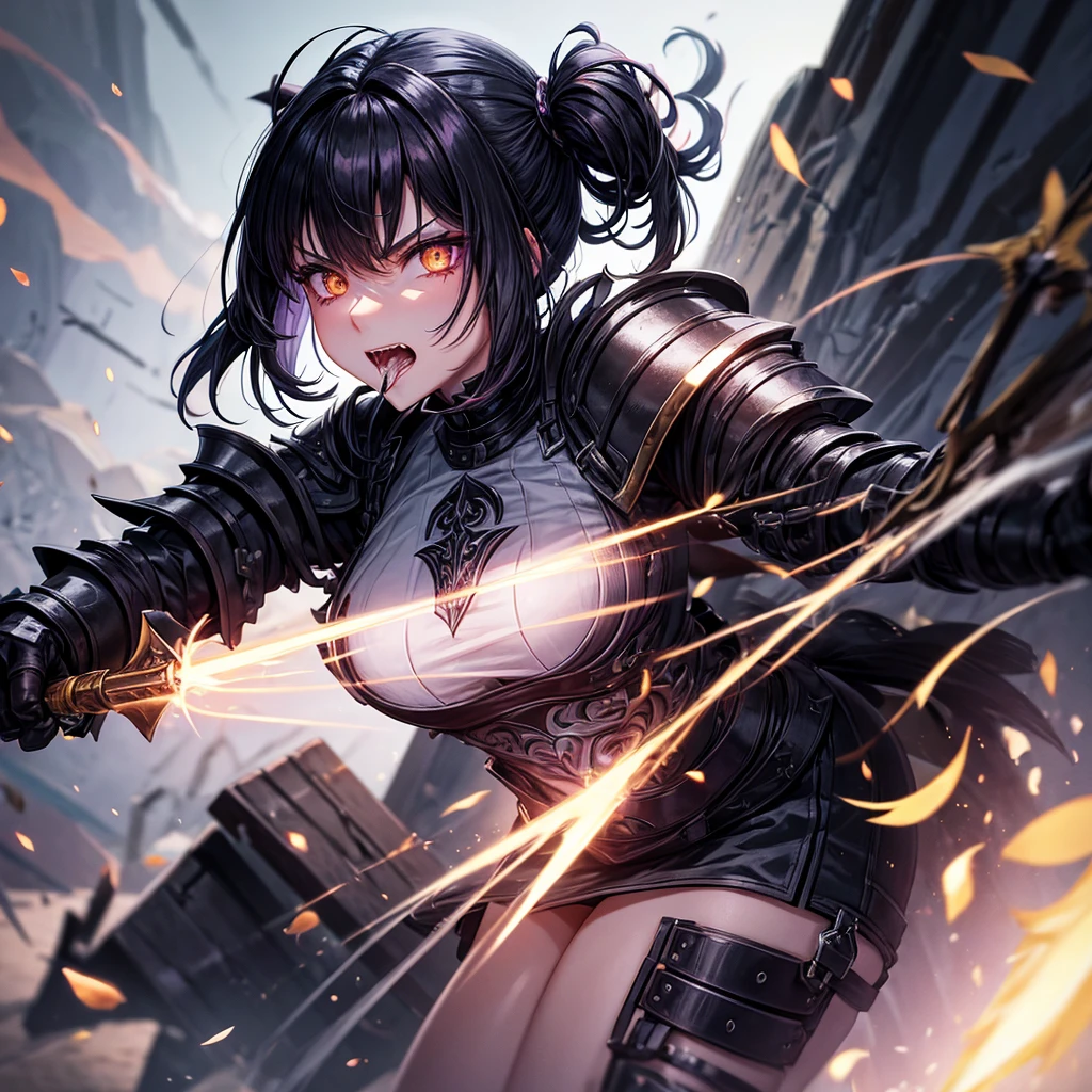 Female character, a warrior guardian with two light violet ponytails with black armor with a black metal mouth cover, part of the armor with golden eyes so that her mouth cannot be seen and that she is an adult.
