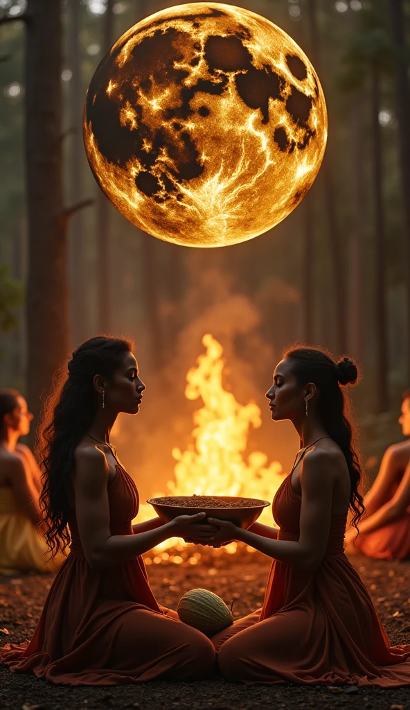 "In a mystical scene in the forest at sunset, two women dressed in flowing, elegant outfits kneel in the center, holding between them a large bronze bowl of cocoa They look into their own hearts which expand in golden light. High in the sky a black full moon with the majestic head of an ethereal golden lion. Ao fundo, a blazing bonfire illuminates the surroundings, reinforcing the ceremonial and magical atmosphere. Several women are around the bonfire with subtlety. A large cocoa fruit is below the lion"