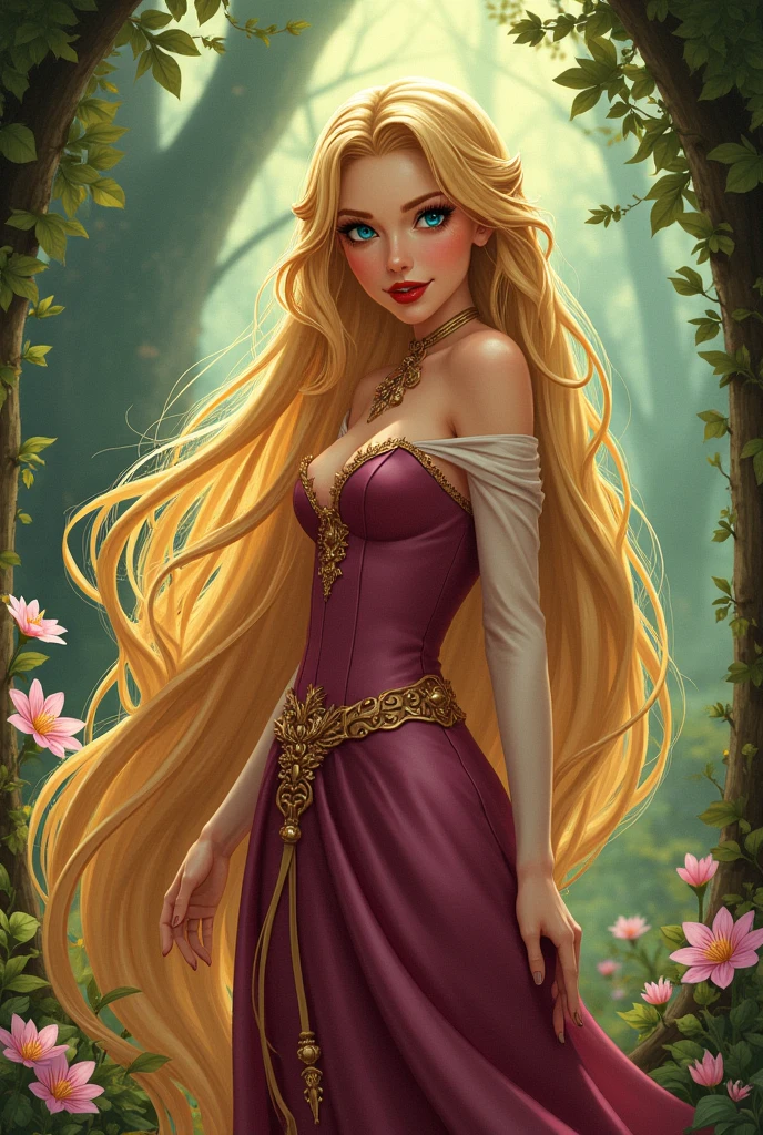 Dark Magician Girl dressed as Rapunzel. Her hair is long and blonde. Her hair reaches her feet. has blue eyes. Red lips. big breasts showing . nice legs. Sensual and seductive pose. fairy tale background.new
