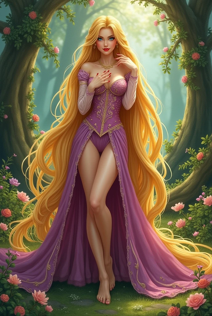 Dark Magician Girl dressed as Rapunzel. Her hair is long and blonde. Her hair reaches her feet. has blue eyes. Red lips. big breasts showing . nice legs. Sensual and seductive pose. fairy tale background.new