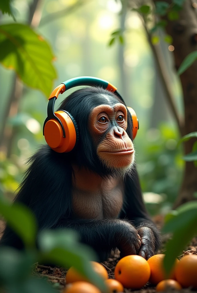 a chimpanzee with headphones