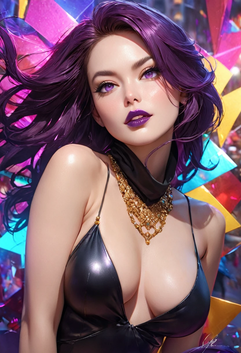 Full body shot, 1 woman, slender, elegant, round full , medium sized breastspurple hair, vibrant purple hair, long wavy hair, shiny hair. Angular facial features, sharp nose, full lips, high cheekbones, narrow eyes, arched eyebrows, dark purple lipstick, sly smile, distinctive purple eyes with a faint sparkle, perfecteyes. She as a air of sexuality, butsinister undertone, as if she has dangerous secrets, she has a knowing smile that seems to mock the viewer. she wears sophisticated clothing that enhances her alluring appearance, with a mix of transparent silks, gold jewlery, and fine cloth. Show her standing seductively in a crowded place, attracting attention of all those around her. (best quality,4k,8k,highres,masterpiece:1.2), ultra-detailed, (realistic,photorealistic,photo-realistic:1.37),(Numerous award-winning masterpieces, incredibly detailed and textured, maximal resolution and clarity), (Hyper-realistic:1.4), (Realistic:1.3), super quality, beautiful detail, super detailed, extra fine, 16K, exquisite, absurd, high resolution, (best quality,4k,8k,highres,masterpiece, colorful, vibrant colors:1.2), modern super hero genre