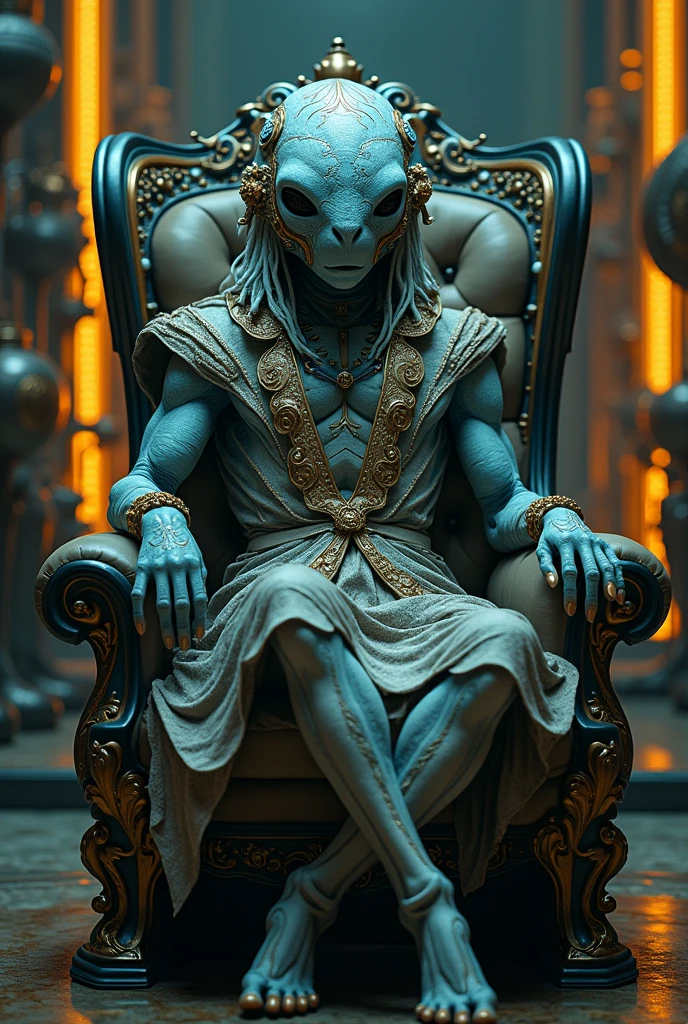Ancient humanoid creature unaesthetic futuristic with skin ornamented patterns in high relief very detailed ornamental clothes in 4d sitted on a high tech chair, machinery, gadjets, rococopunk, on a room of future baroque in front of a table, photorealistic, blue and yellow shades only