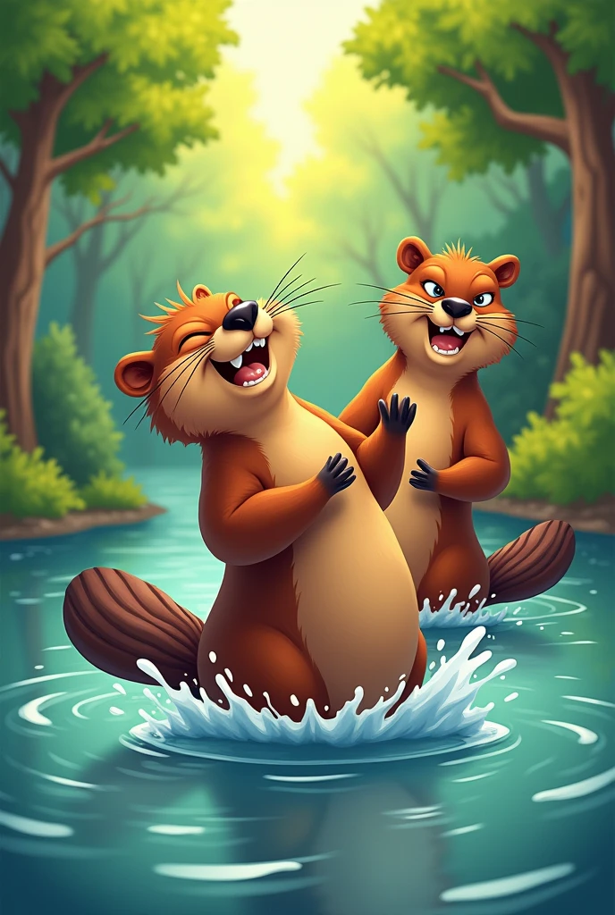 Draw a beaver turning around and closing its eyes while another beaver behind it looks at it angrily in a cartoon style like drawing