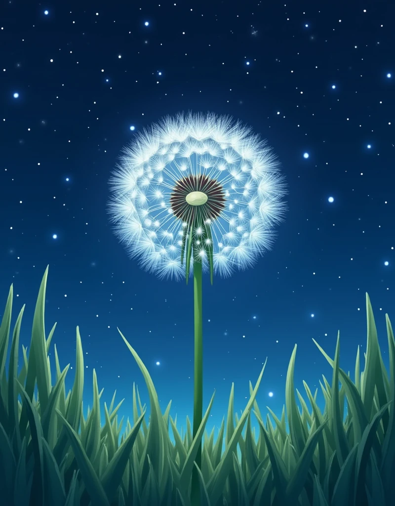 Ghibli Studio style, symmetrical close-up of a big dandelion seed head, gentle grass, numerous stars in the night sky.