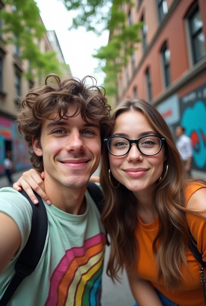 Make two friends, one is taking a selfie from above while putting his arm behind the other&#39;s neck. The other one is just looking at the camera with a serious and puffy face.. Make it a selfie sight.