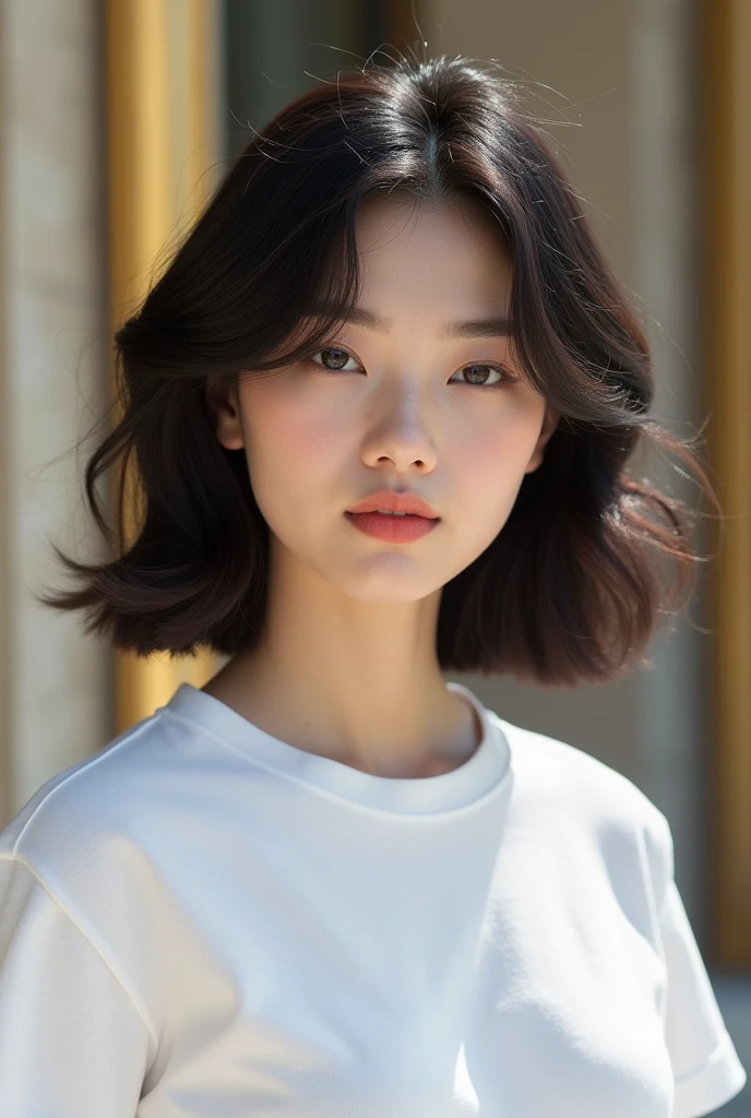 Wolf Hairstyles、Layered hairstyle、Light hairstyle、Inward curled hair、Semi-long hairstyle that reaches below the collarbone、Very bright natural light、In front of a luxury building、White T-shirt、K POPアイドル風な顔、Natural Makeup、Soft dark hair color、Adult atmosphere