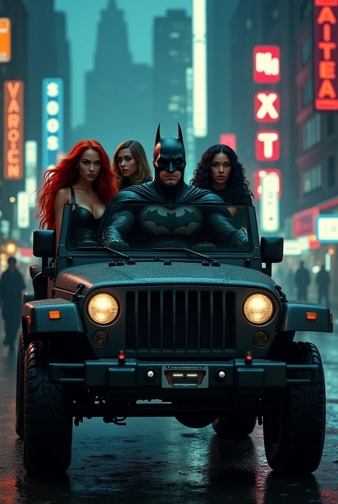 Batman in jeep with sexy women