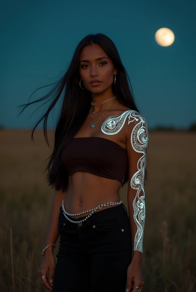A RED INDIAN WOMAN WITH BLACK HAIR SHE HAS GLOWING WHITE TRIBAL TATTOOS SHES WEARING A BLACK AND DARK BROWN CROPTOP PEARLS ON HER WAIST SHE HAS BLACK PANTS SHE'S STANDING IN A FIELD MOON IN THE BLACK GROUND MIDNIGHT
