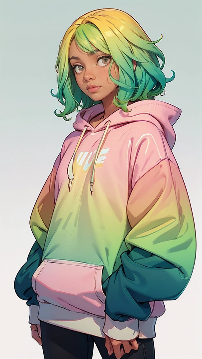 1 girl, standing alone, standing alone focus, cowboy shot, portraite, large hooded sweatshirt, water green and white sweatshirt, Medium Aqua, half green, ((chestnut hair)), (yellow hair), (gradient hair :1.5), curly hair, ((pink eyes)), hyperdetailed eyes, suntanned, (dark caramel skin:1.1), best qualityer, ultra detali, white background, simple background