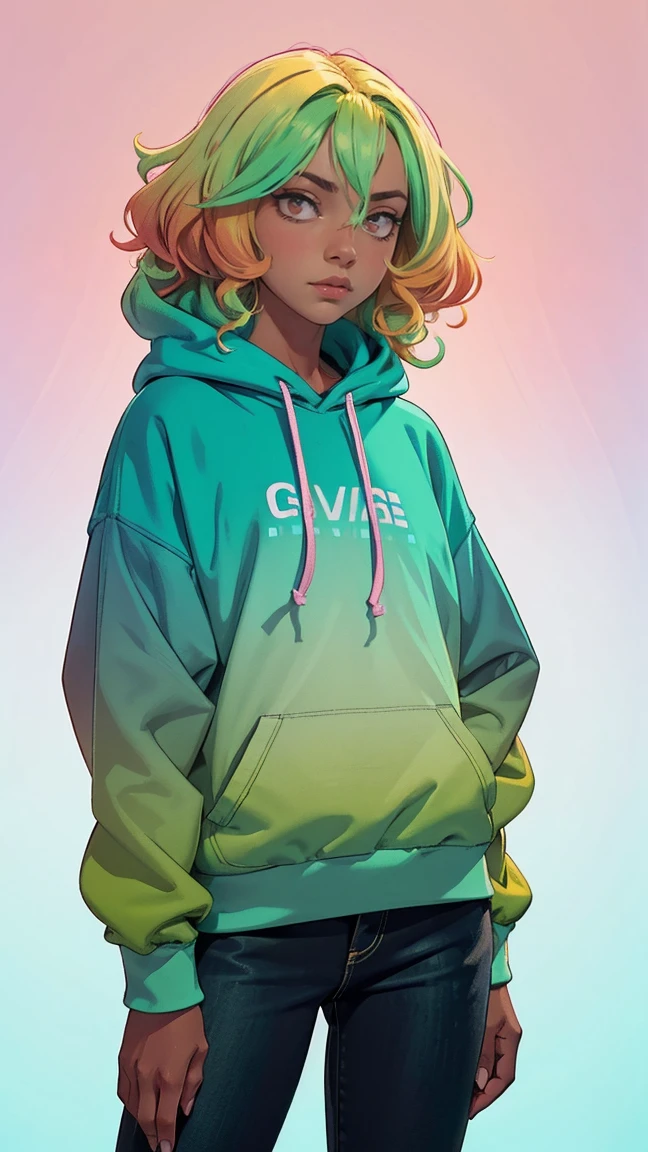 1 girl, standing alone, standing alone focus, cowboy shot, portraite, large hooded sweatshirt, water green and white sweatshirt, Medium Aqua, half green, ((chestnut hair)), (yellow hair), (gradient hair :1.5), curly hair, ((pink eyes)), hyperdetailed eyes, suntanned, (dark caramel skin:1.1), best qualityer, ultra detali, white background, simple background