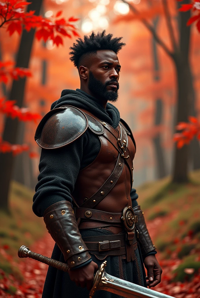 Black man. Forest of trees with red leaves. Holding a sword