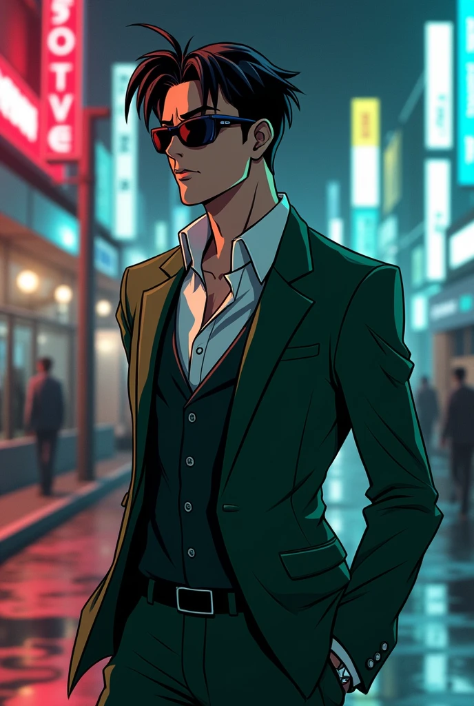 I want you to create an image of agent six from the generator rex series, a 32 year old asian guy,with green suit,White shirt,sunglasses, negro,Black hair leaves no strands out ,you can&#39;t see his eyes because of his sunglasses,is thin,In the drawing version of Bl love is an illusion of fargo Omega verse would be Omega 