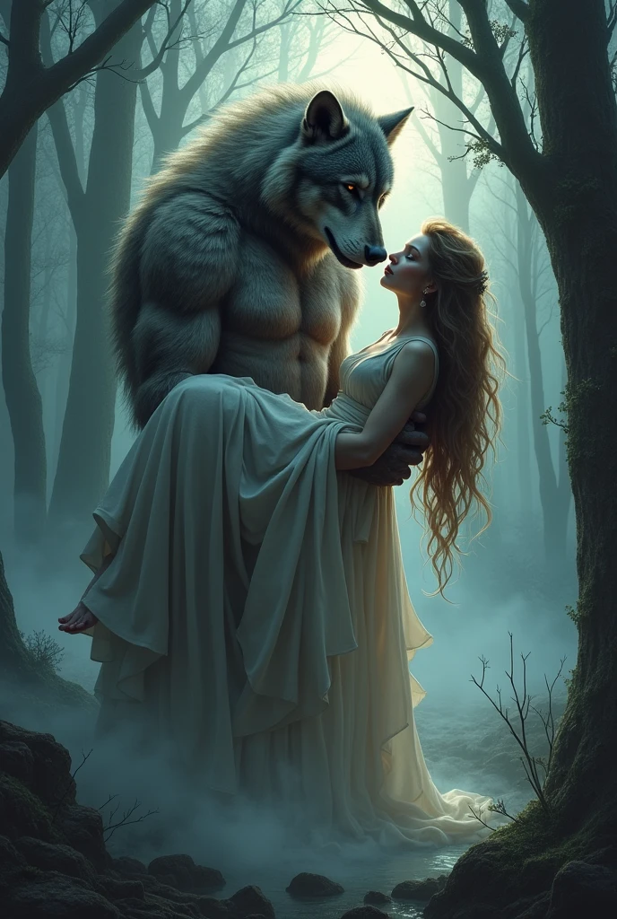 Werewolf with woman in his arms