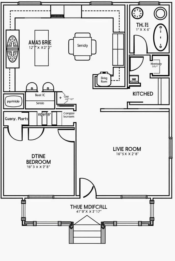 Spaces: 2 bedrooms, 1 bathroom, Living room, dining room, kitchen.

• Distribution: Planta abierta con áreas de estar y dining room conectadas, bedrooms at the back for privacy.