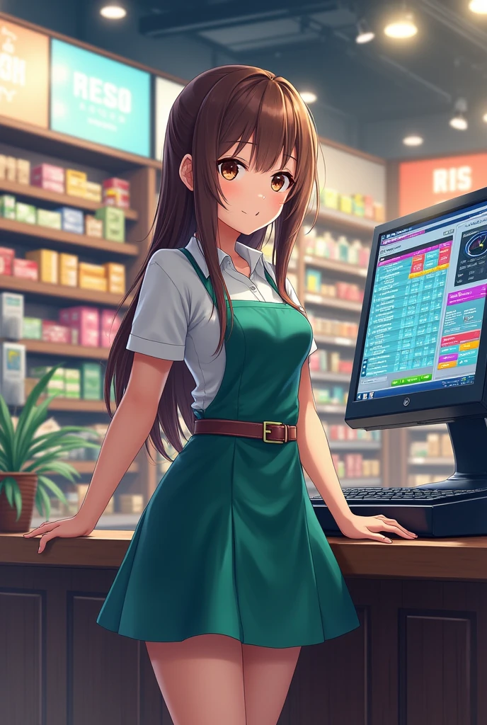 A full-length cashier girl at a point of sale with a control system on the realistic computer screen is for a poster