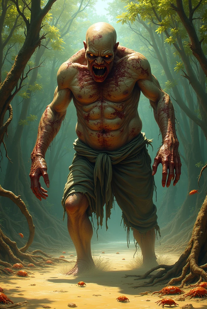 (Photorealism:1.2), Infected zombie, body swollen by salt water, fat, monstrous size, torn clothes, rags, crustaceans attached to the skin, open wounds, outdoors, swampy area and mangroves in the background, sunlight, sand, realistic, intricate details, warm colors.