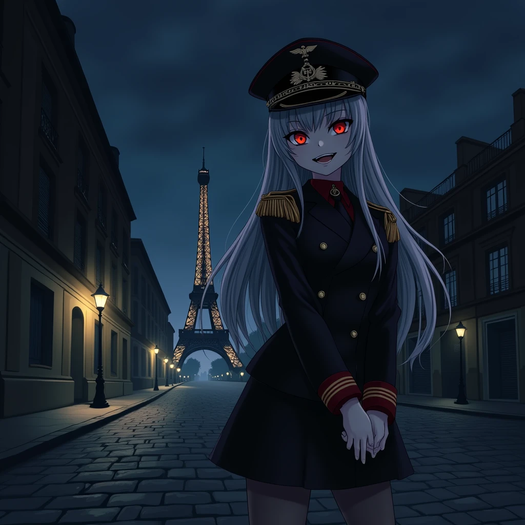 Girl, nazi general, army officer hat, Long Hair, Red Iris, Military Outfit, sadistic smile, hands behind back, night, empty street, eifel tower in back, anime