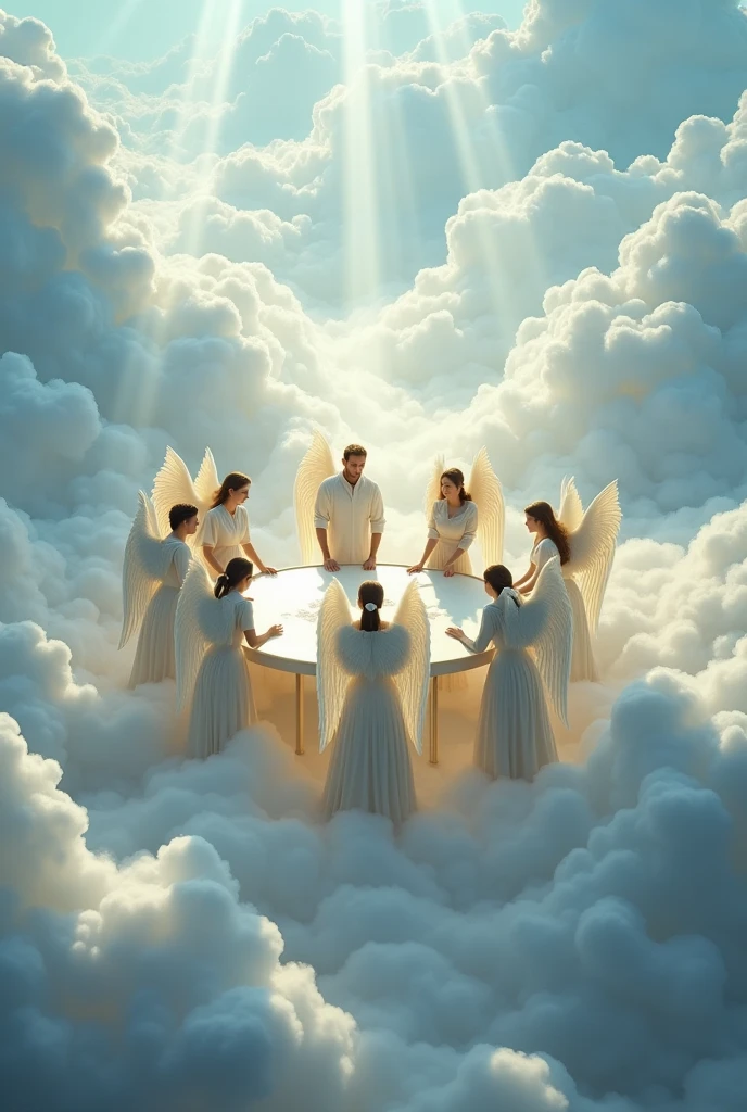 The ground is covered with a sea of clouds, making it a heavenly place.。
There is a cylindrical desk in the middle.、
Seven angels, both male and female、
Standing、Surrounding the desk。
The warriors are having a meeting。