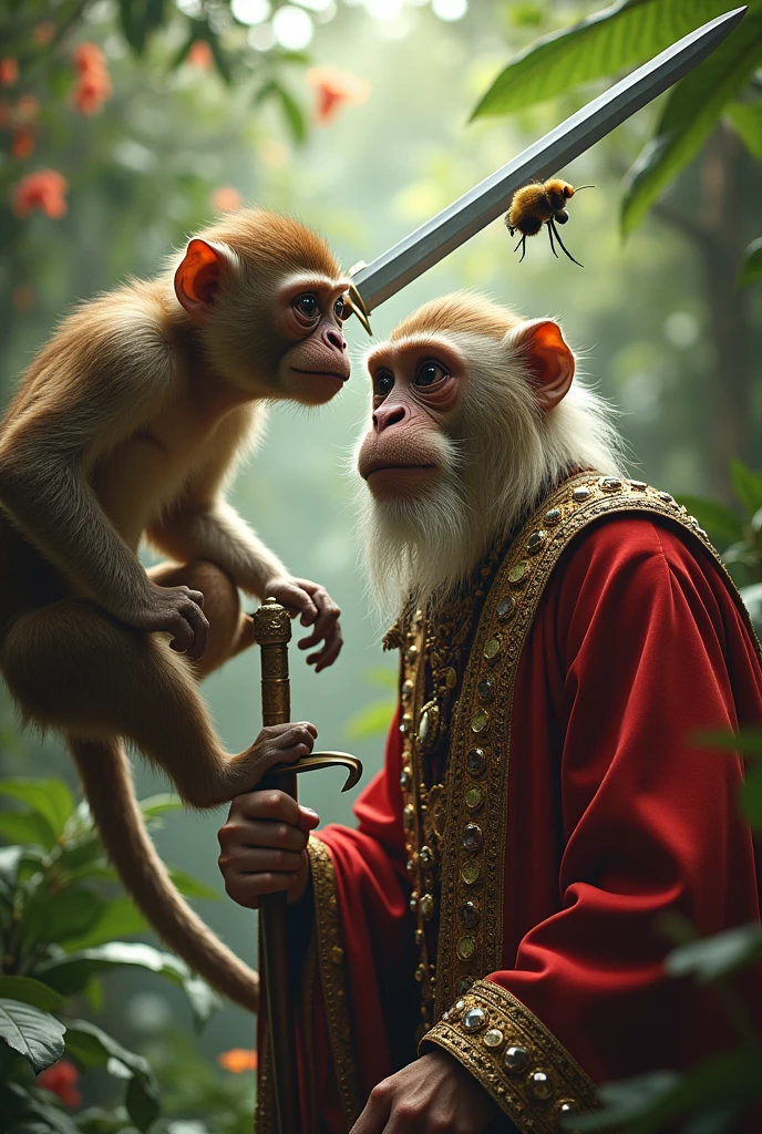 Accidental Injury: The moment when the monkey swings the sword down at the fly on the king’s nose. The fly has just flown away, and the sword is about to make contact with the king’s nose, capturing the tension and impending accident.