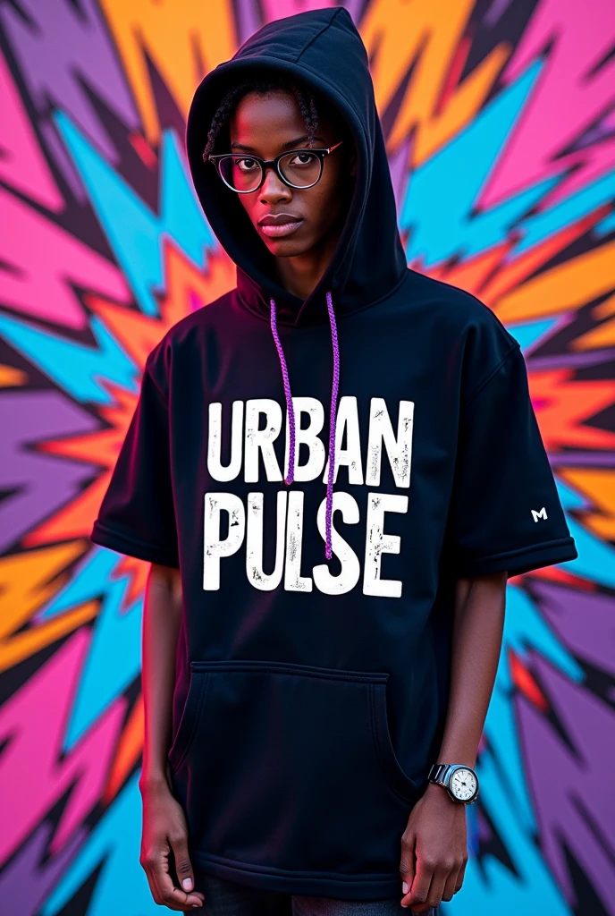 Create a series of modern urban streetwear designs featuring the 'Urban Pulse' logo. Clothing must include t-shirts, hoodies, and jackets, showing the bold, prominent modern logo. Use dynamic color schemes like neon blue, Electric Purple, and bright orange on black, offwhite, and metallic fabrics. O logotipo, with your pulse or heartbeat reason, must be placed creatively on the chest, rug, my manga, highlighting the brand's young and energetic identity. Incorporate elements such as graffiti, Abstract Patterns, or geometric shapes to highlight the urban, bold brand vibe.