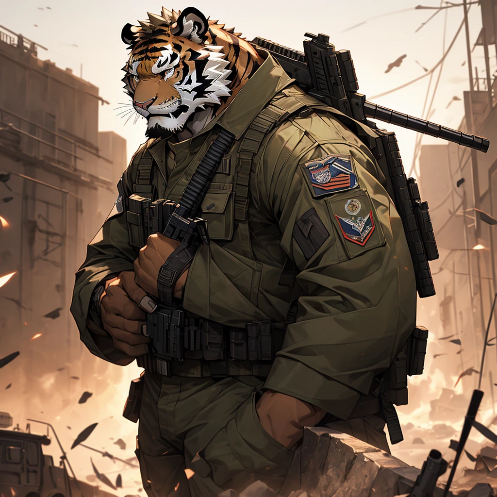 a muscular soldier holding an m4 rifle, military base, highly detailed, 8k, unreal engine, realistic lighting, military uniform, tactical gear, assault rifle, outdoor military base, barbed wire, military vehicles, military equipment, Camouflage, gritty, heroic pose, intense expression, photorealistic, cinematic composition, dramatic lighting muscular tiger