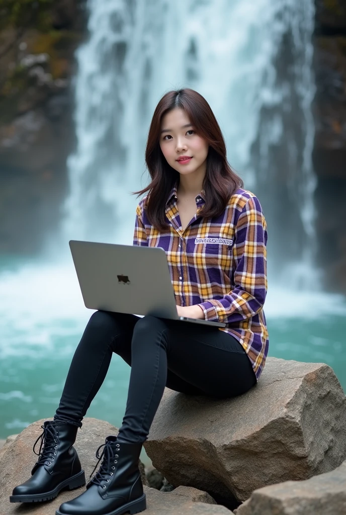 Beautiful Korean woman with white skin, clean, smooth, wearing a purple yellow and white checkered shirt, mamaskygibs logo, black jeans, boots, sitting on a rock while holding an iPhone laptop, striped waterfall background, original photo