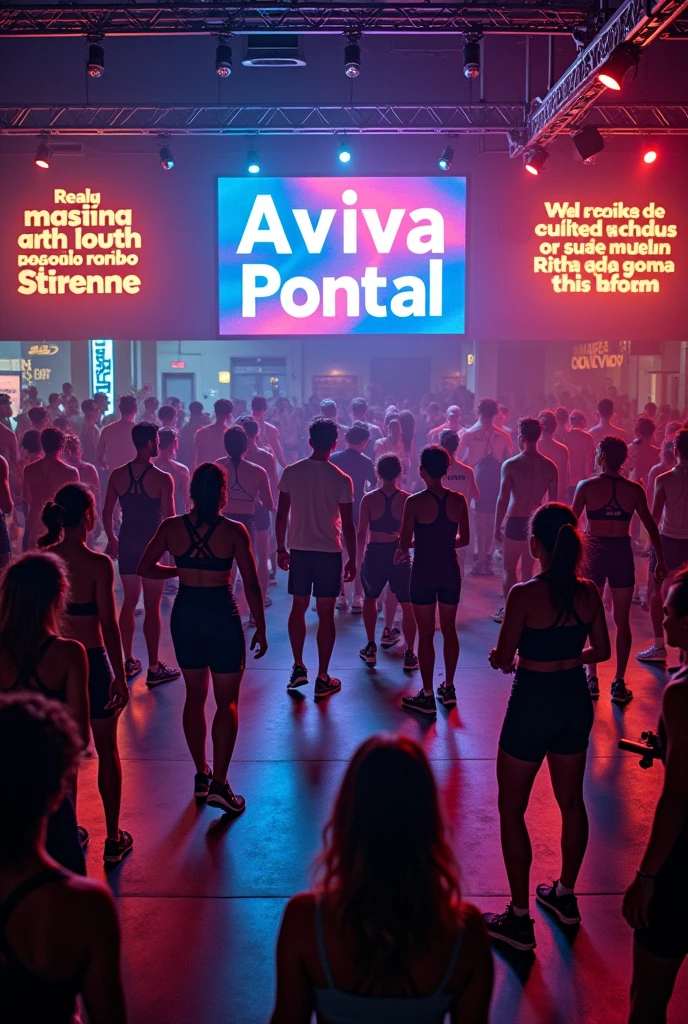 Create a gym full of well-dressed people with a big screen with a name aviva pontal