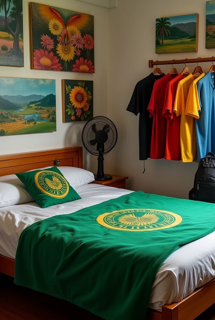 My Four,Shirt Hanging On A Hanger,Palmeiras Team Towel,paintings on the wall,a bed,A Fan,Hanging Backpack,A Gun and Shoes


