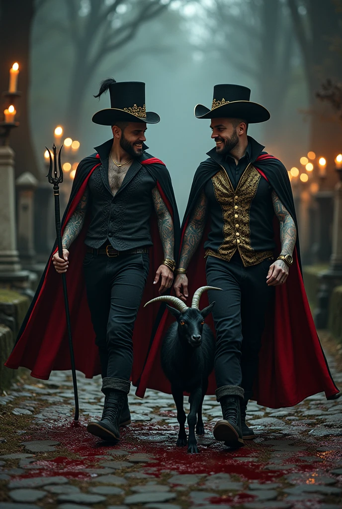 2 Handsome Men with Beards, tattooed. black and red cape, walking stick, trident, cemetery, lit candles, fire, black magic book, levitating, black goat, black and gold hat galley , blood, jovial laughter, old hat, officer