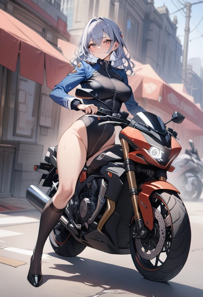 ((Highest quality)), ((masterpiece)), (detailed), 1girl, sexy, knee socks, uniform,full body, Riding a motorcycle, wearing ridersuits