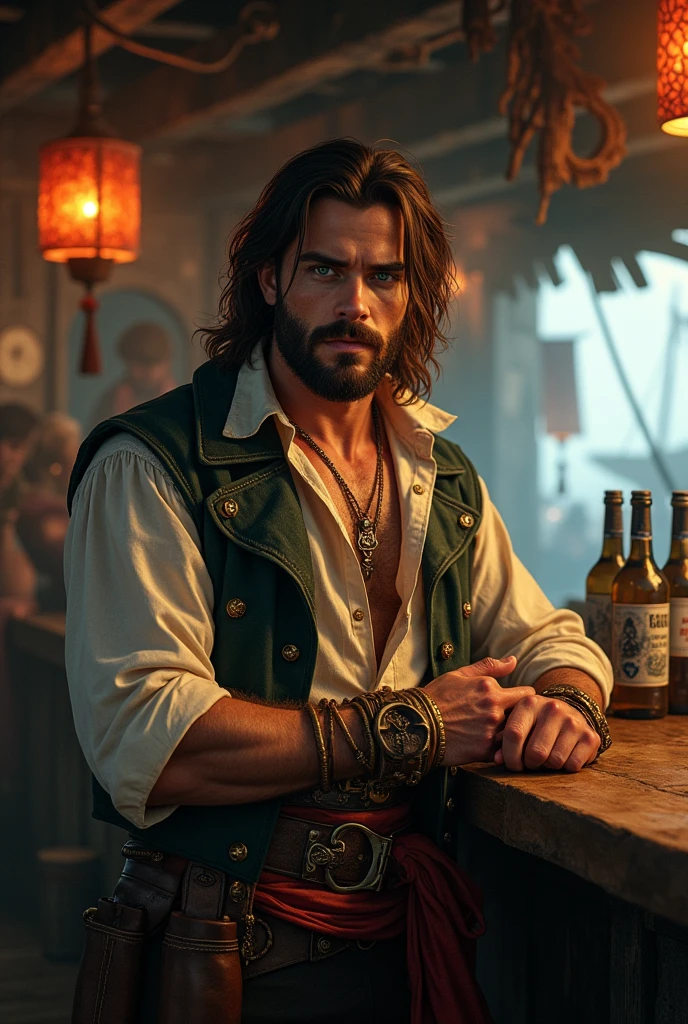 pirate, shoulder length brown hair, greenish eyes, well defined jaw, unshaven beard, skin tanned, Cao Cao, musculozo, very young face