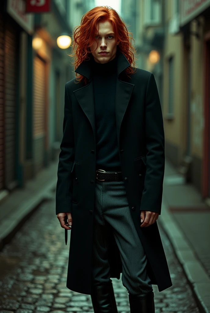 Create an illustration about a young man who works as a hitman, around 18 years old, long curly red hair with bangs between the eyes, Caucasian skin, tired look, black closed coat with high collar and long sleeves and white with red stripes, striped pants in shades of gray, Black boots, gray gloves and a blade hidden under the sleeve