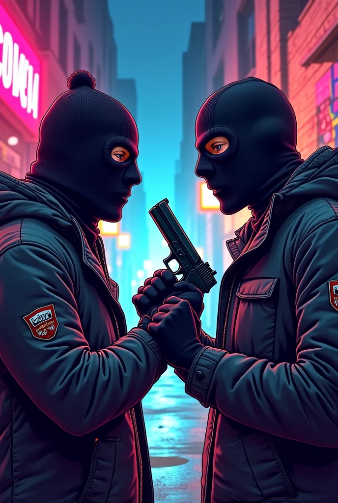 Two masked men、While shaking hands with his right hand、Cartoon of a man holding a gun in his left hand