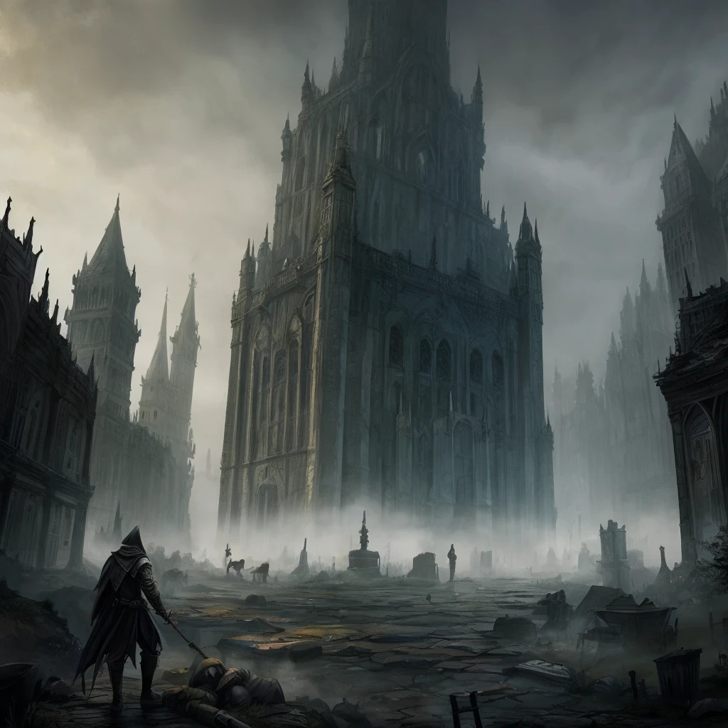 A picture of a foggy and decayed part of a city that looks like a dark souls game but also has the style of an RPG
