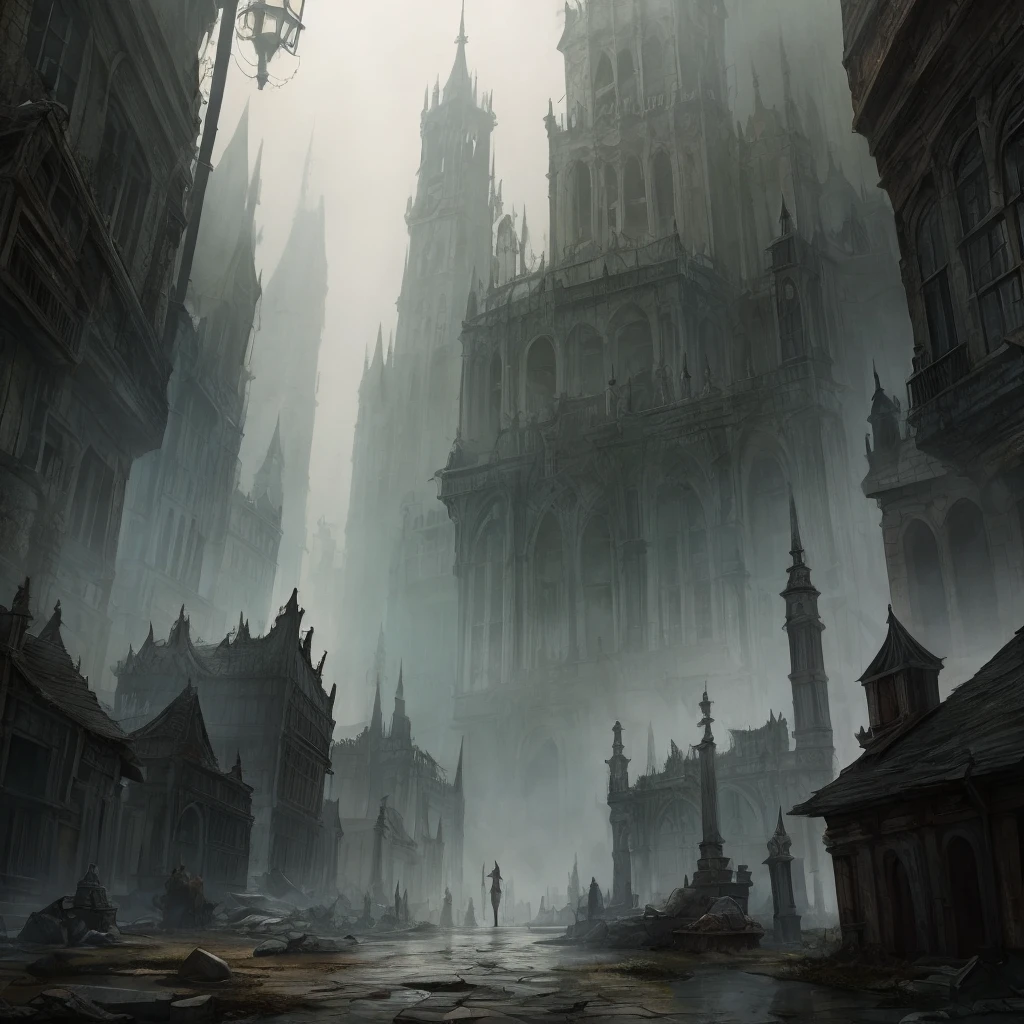 A picture of a foggy and decayed part of a city that looks like a dark souls game but also has the style of an RPG