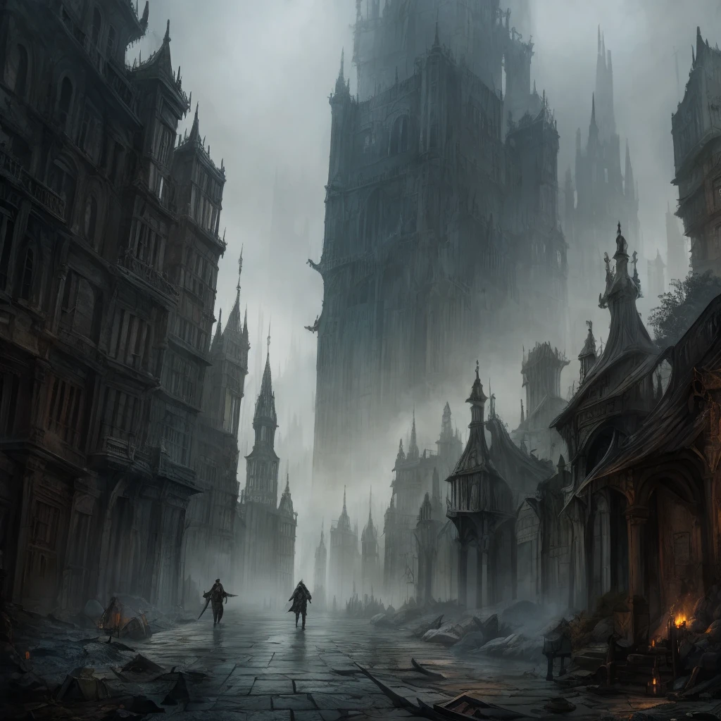 A picture of a foggy and decayed part of a city that looks like a dark souls game but also has the style of an RPG