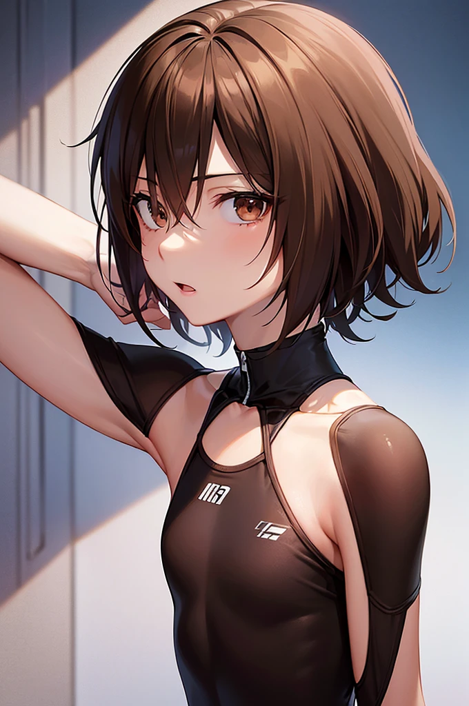 masterpiece, best quality,anime style, 1 girl,(((slender body))), (((small eyes))),(((athlete suit))), (beautiful face), (((short hair))), (((straight hair))), ((((brown hair)))),detailed beautiful skin, (perfect hands, perfect anatomy),scream