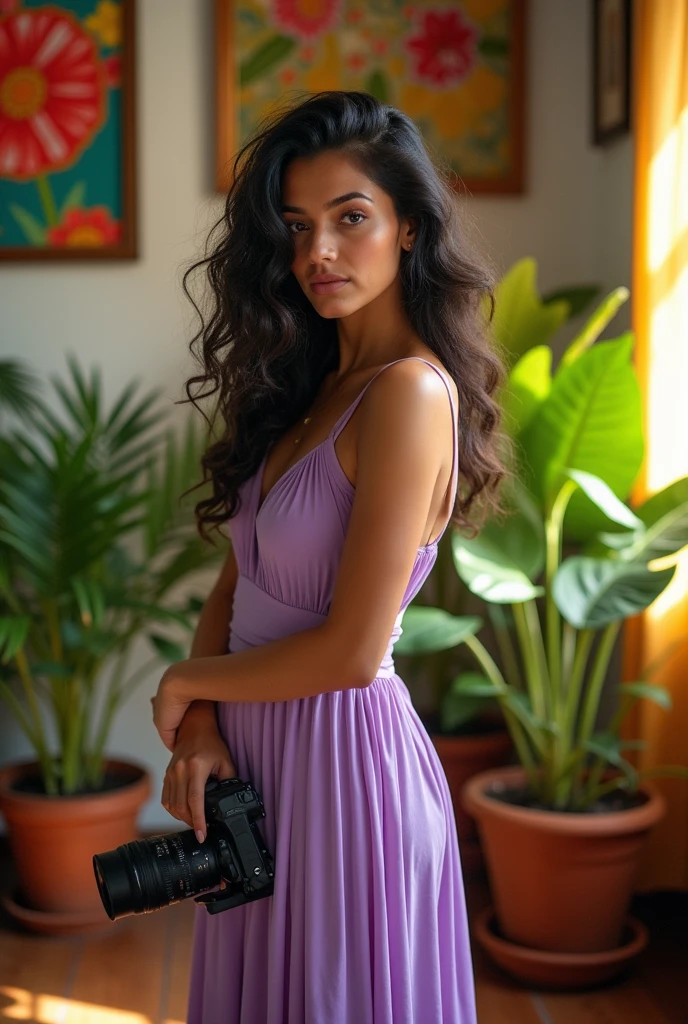A Brazilian woman in her home taking photos, she is wearing a lilac dress and her hair is over her face, your eyes are clear and intimidating
