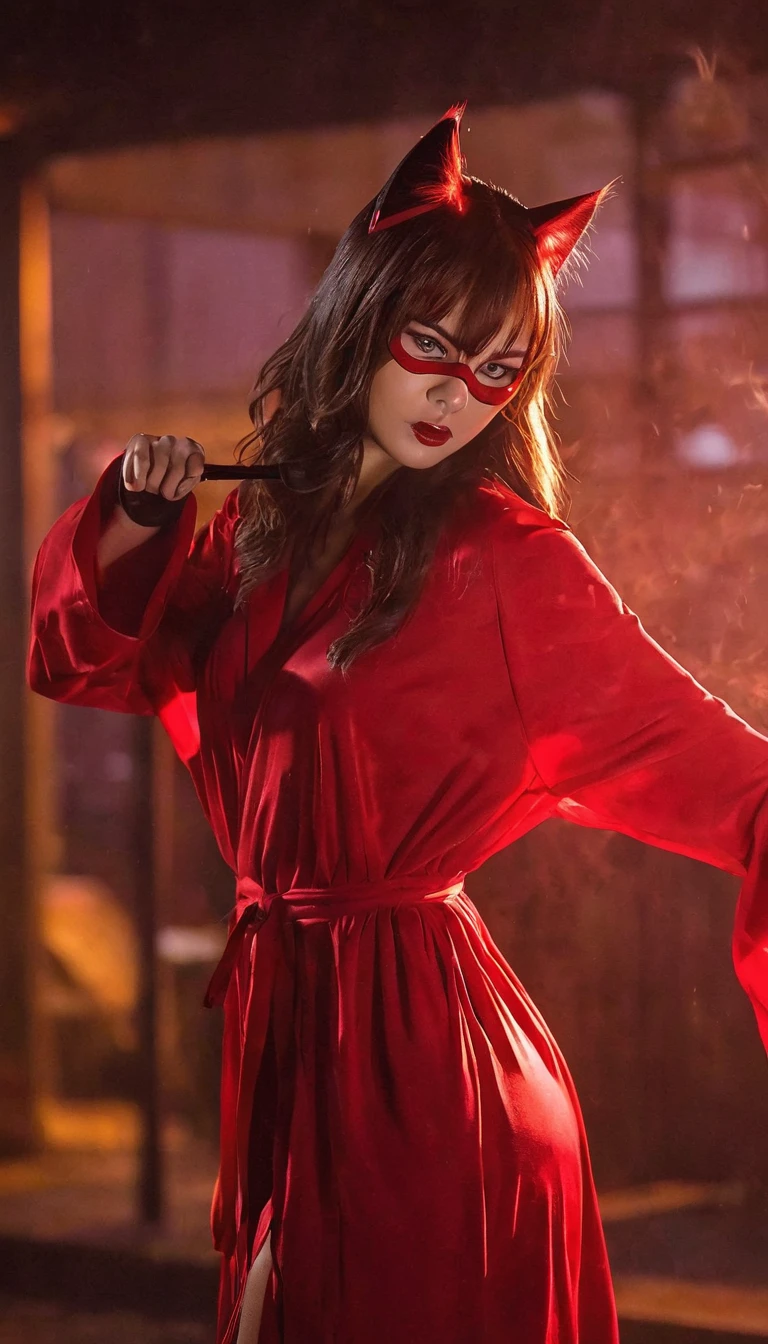 Fighting Stance,，Cat ears girl，Catwoman，Streamlined figure，Red eyes，Moist hair， Female lips,, Female lips, oiled, Wet mouth,，Full figure，Slim waist，Loose fitting robe，Backlight、Backlight。
