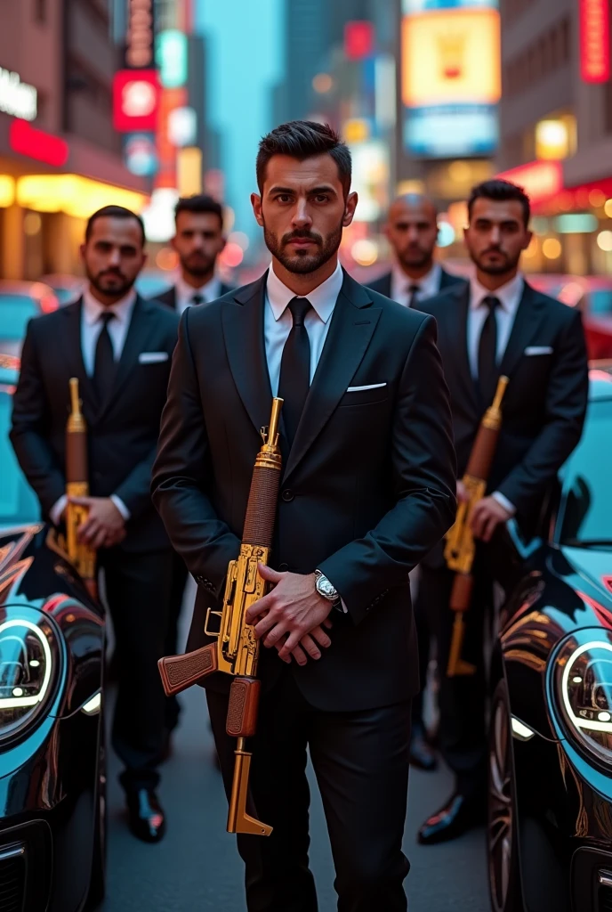 Arabs in suits and with golden AK 47 weapons and Porsche cars