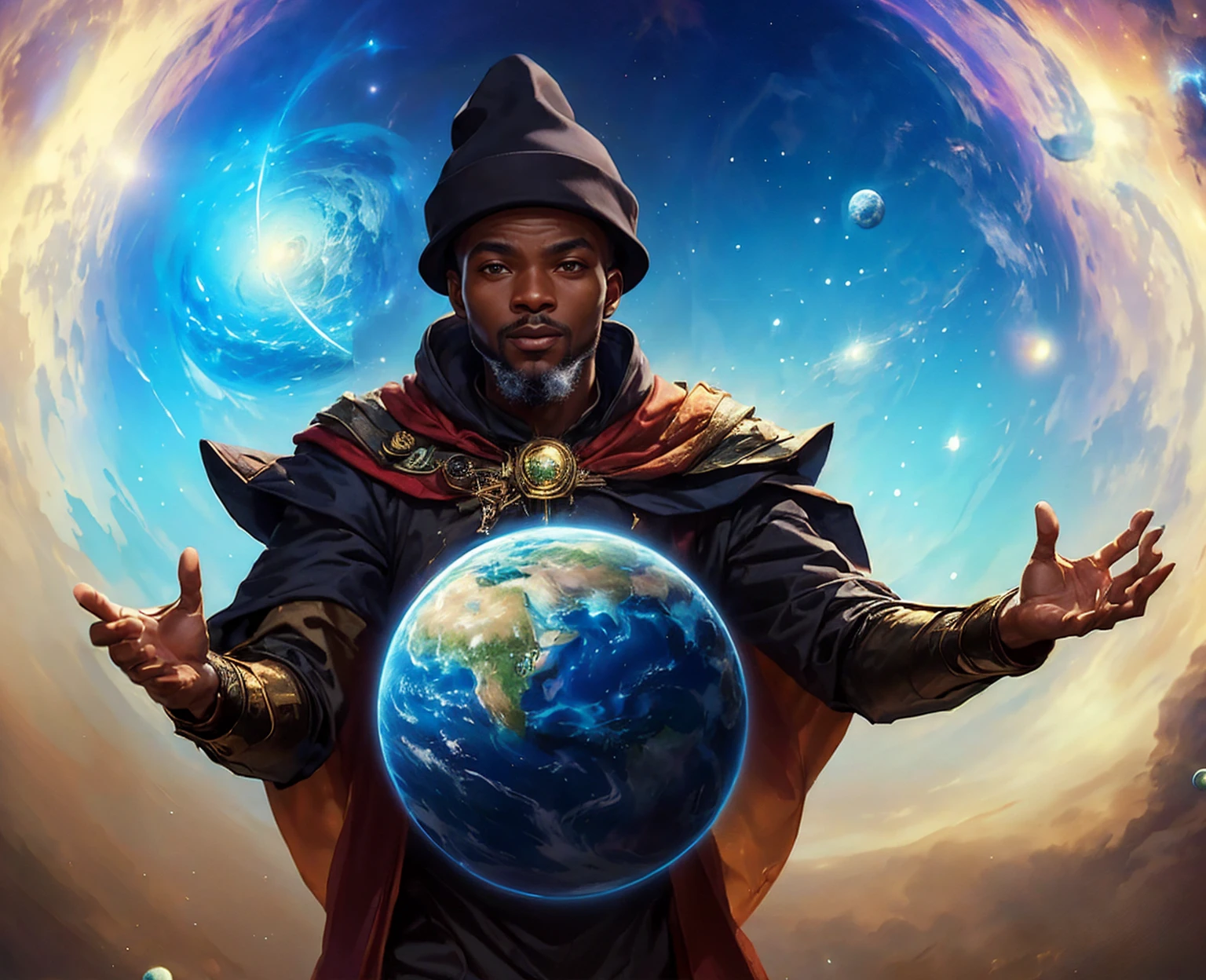 digital illustration style 2.5D of an African man in a black cap and cape, orbiting the universe and manipulating planet earth, lord of the universe, wizard of planet earth, protector of planets and galaxies, master of time, in the background the universe, on the ground there is smoke and fog, detailed hands