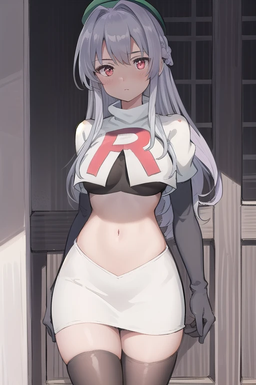 best quality, (masterpiece:1.2), illustration, absurdres,
(1girl, solo), (beautiful detailed girl),
Aeolia, lilac hair, long hair, red eyes, medium breasts,
 green hat, hat with feather ornament, team rocket,team rocket uniform,white skirt,red letter R,crop top,black thigh-highs,black elbow gloves
looking at viewer, 